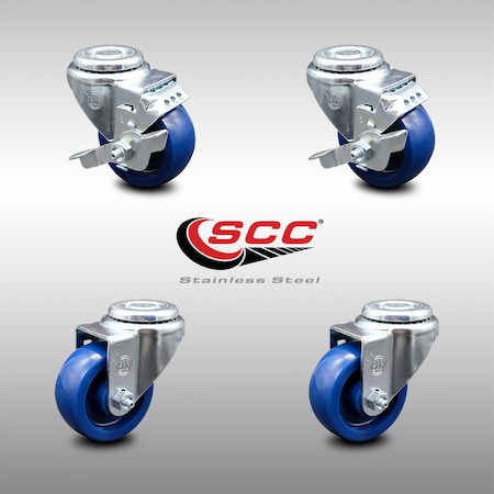 Service Caster 3 Inch SS Solid Polyurethane Wheel Swivel Bolt Hole Caster Set with 2 Brake SCC SCC-SSBH20S314-SPUS-2-TLB-2